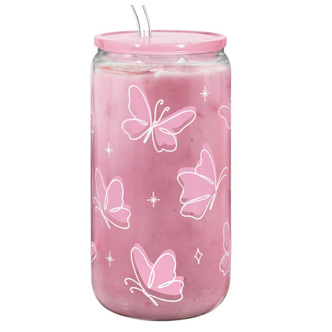 SANDJEST Butterfly 16oz glass tumbler with acrylic lid and straw for iced coffee