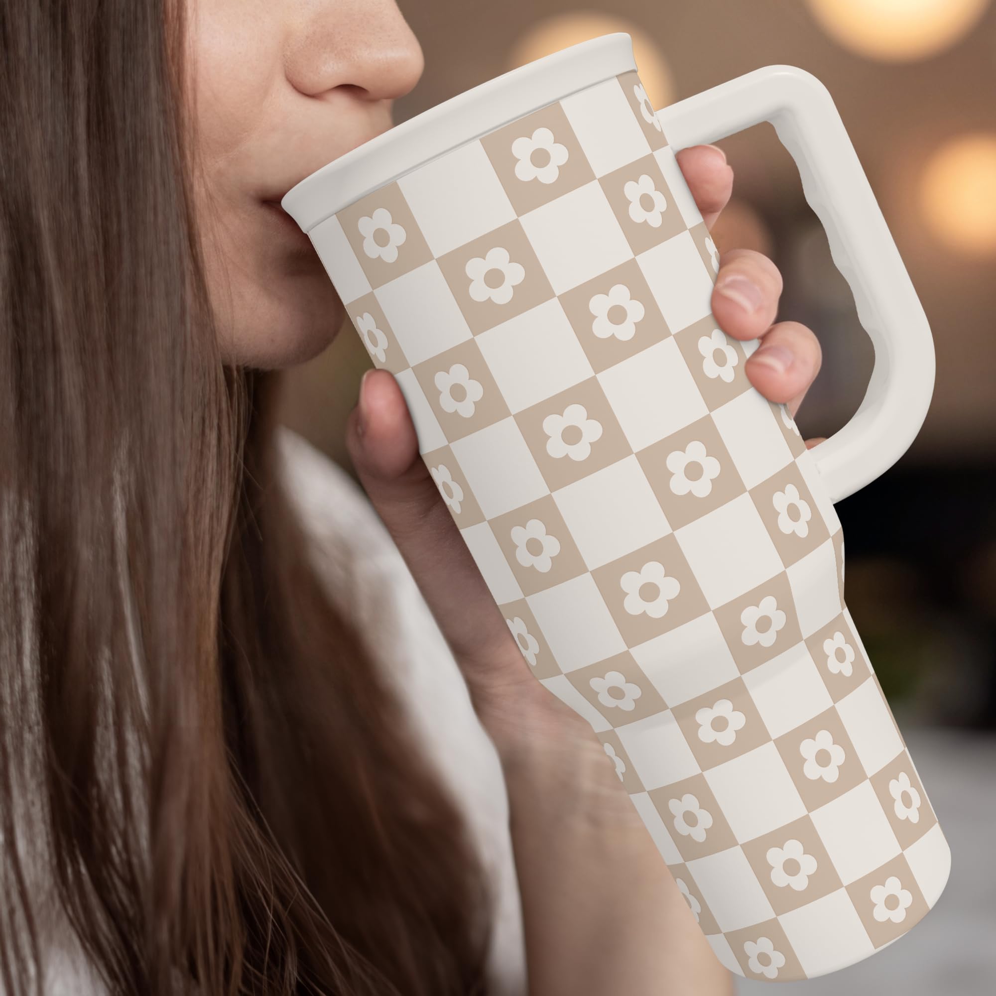SANDJEST checker tumbler on a desk, ready for daily hydration.