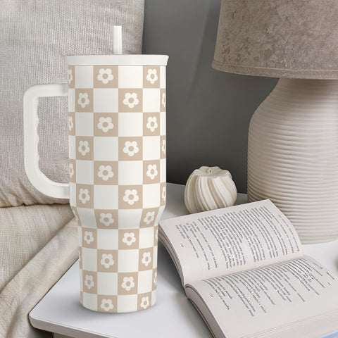 SANDJEST checker tumbler at gym or travel scenes for active use.