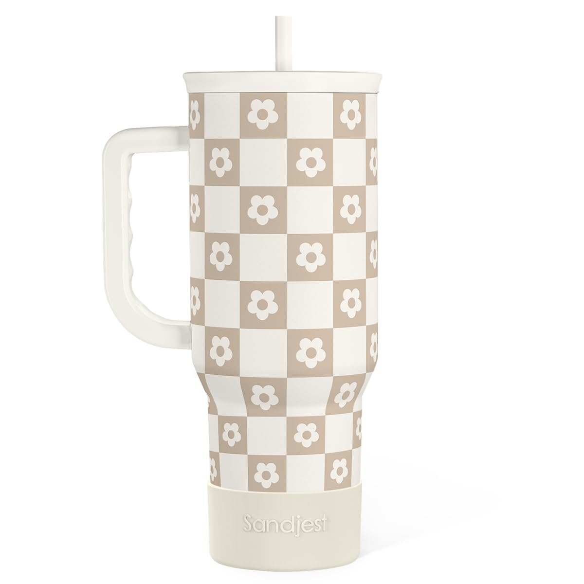 SANDJEST Checker tumbler with handle and straw 40oz, ideal for on-the-go hydration.