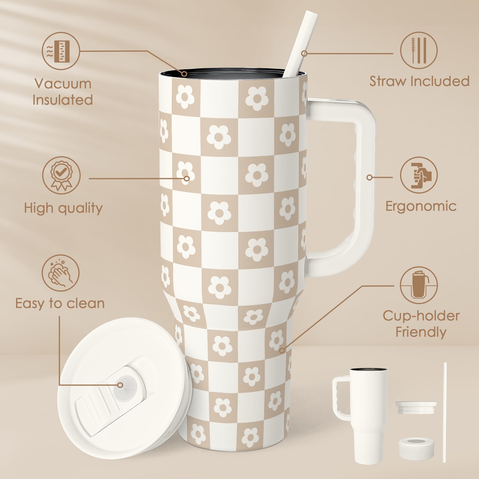 SANDJEST checker tumbler stainless steel exterior, durable for daily use.