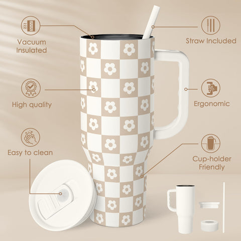 SANDJEST checker tumbler stainless steel exterior, durable for daily use.