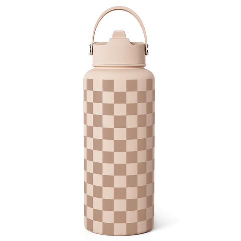 SANDJEST Checkerboard beige 32oz bottle for on-the-go hydration