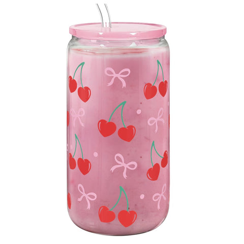 SANDJEST cherry 16oz glass tumbler with lid and straw for iced coffee on the go.