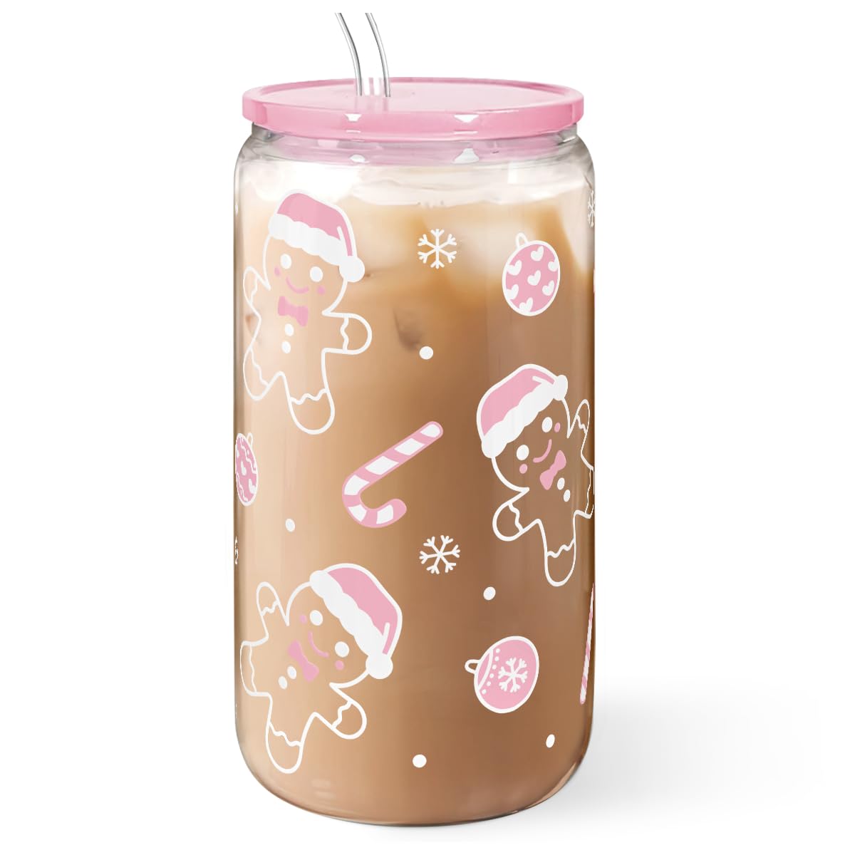 SANDJEST Christmas Gingerbread 16oz tumbler front view with lid for festive iced drinks.