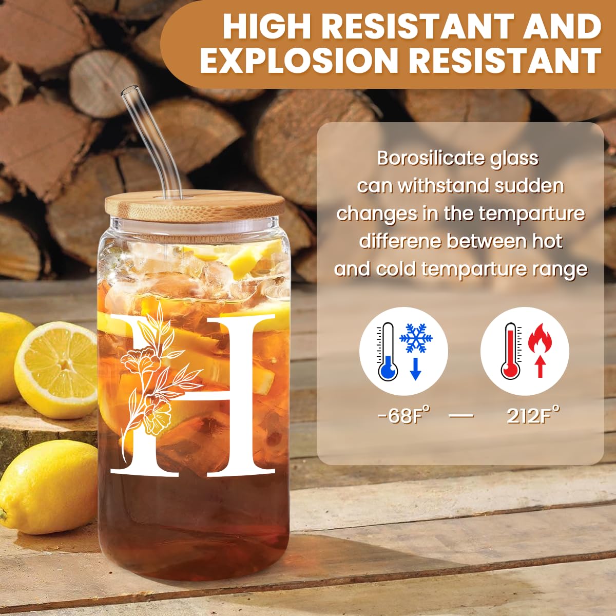 Sandjest clear glass cup on-the-go with straw for easy sipping.