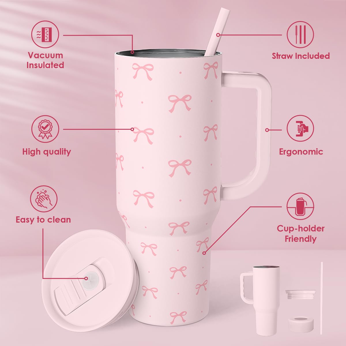 SANDJEST Coquette Bow travel mug with slider lid for cold or hot beverages on commutes