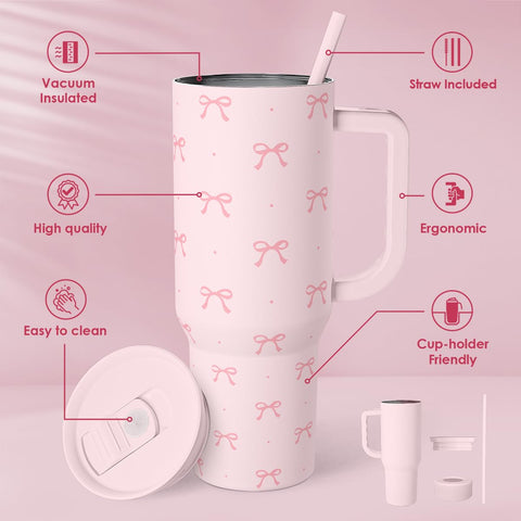 SANDJEST Coquette Bow travel mug with slider lid for cold or hot beverages on commutes