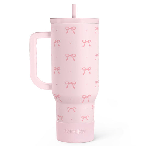 SANDJEST Coquette Bow tumbler with handle and 40oz capacity for on-the-go hydration