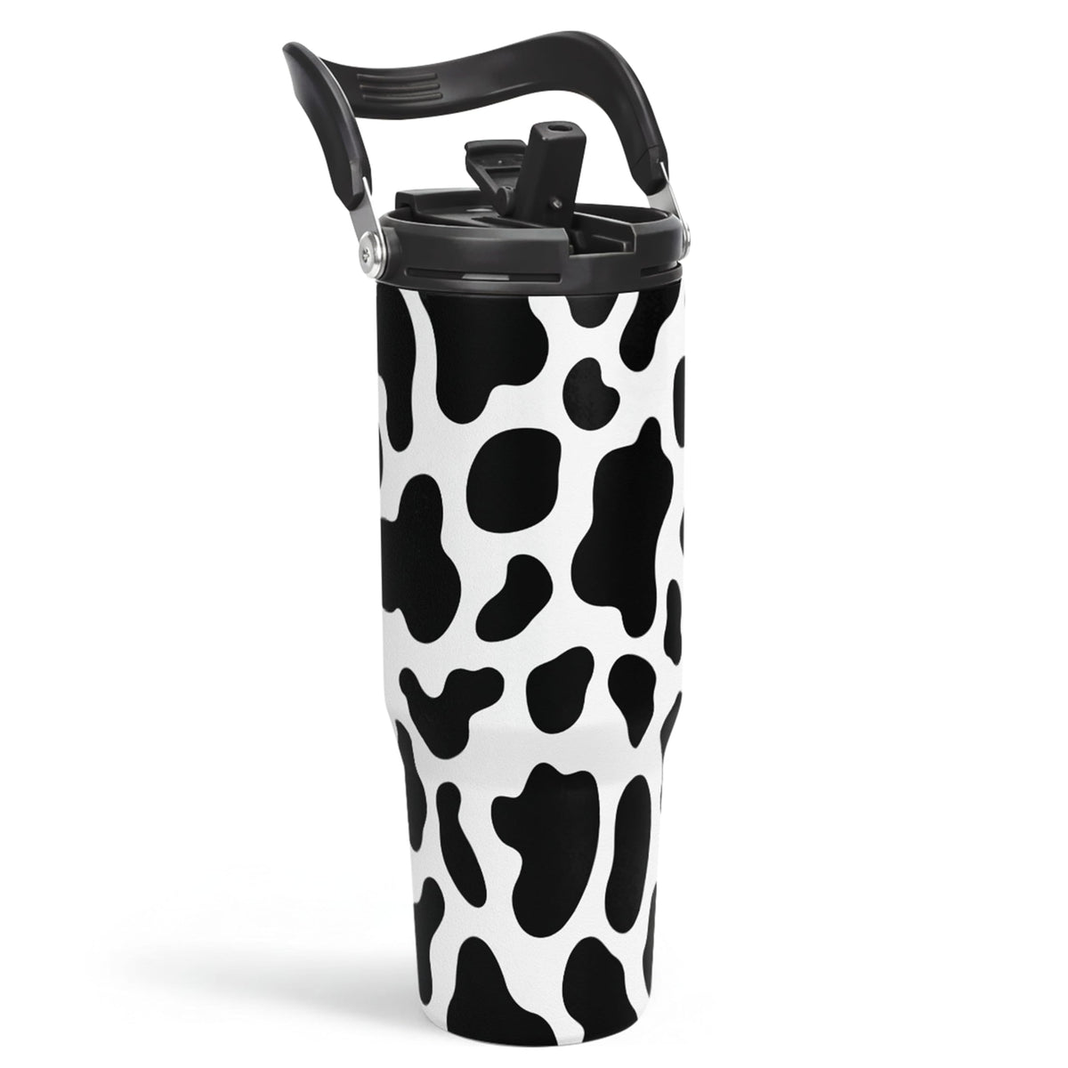 SANDJEST cow print 30oz tumbler with handle for secure, comfortable on-the-go hydration.