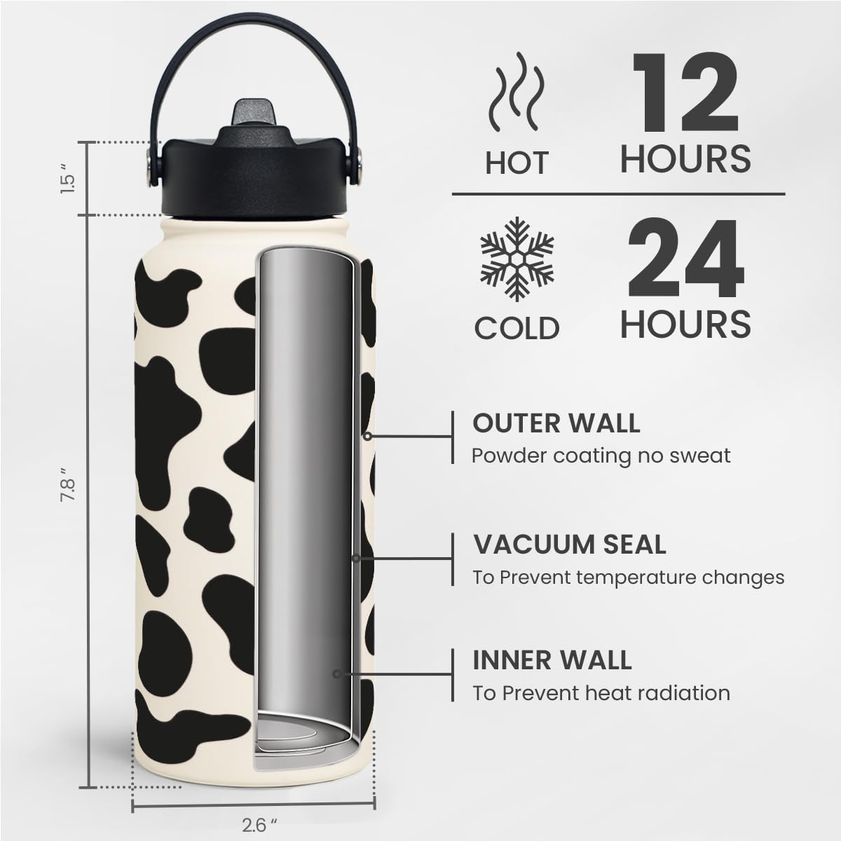 SANDJEST Cow Print Bottle 32oz gym-bag ready for workouts and travel.