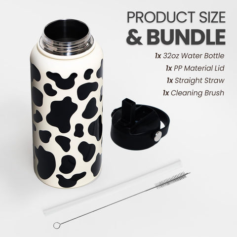 SANDJEST Cow Print Bottle 32oz lid closeup shows leakproof design for travel.