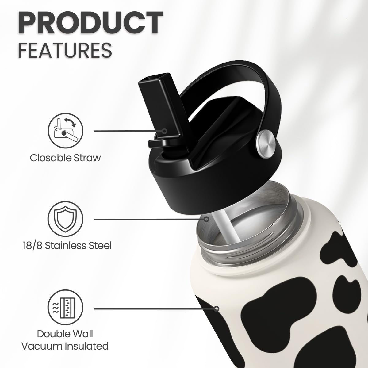 SANDJEST Cow Print Bottle 32oz side view with ergonomic grip for gym sessions.