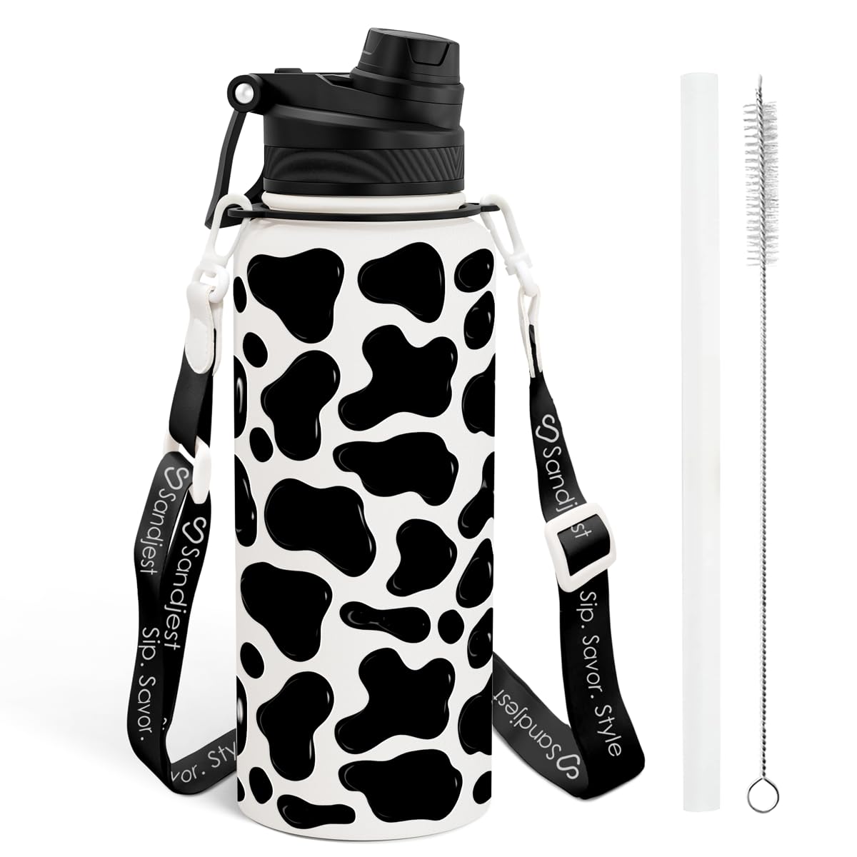 SANDJEST Cow Skin Stainless Steel Water Bottle with strap for hands-free outdoor use