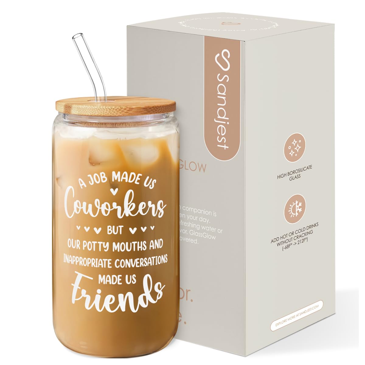 SANDJEST 16oz glass coffee cup in side view, ideal for stylish, sustainable sipping at work
