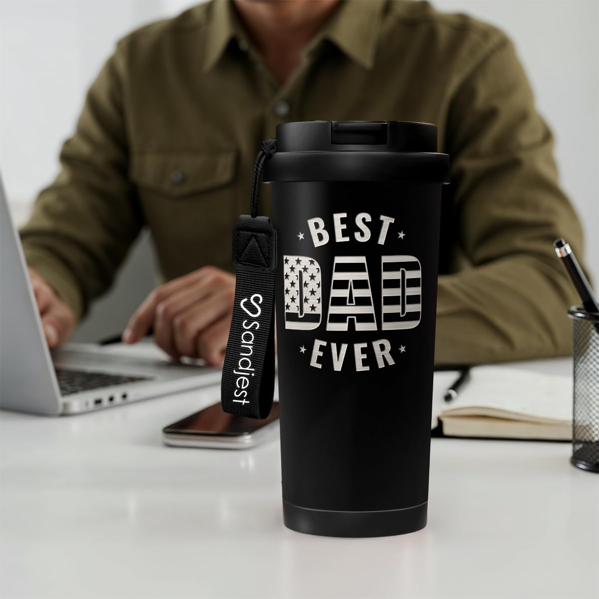 SANDJEST Dad Tumbler patriotic American flag design.