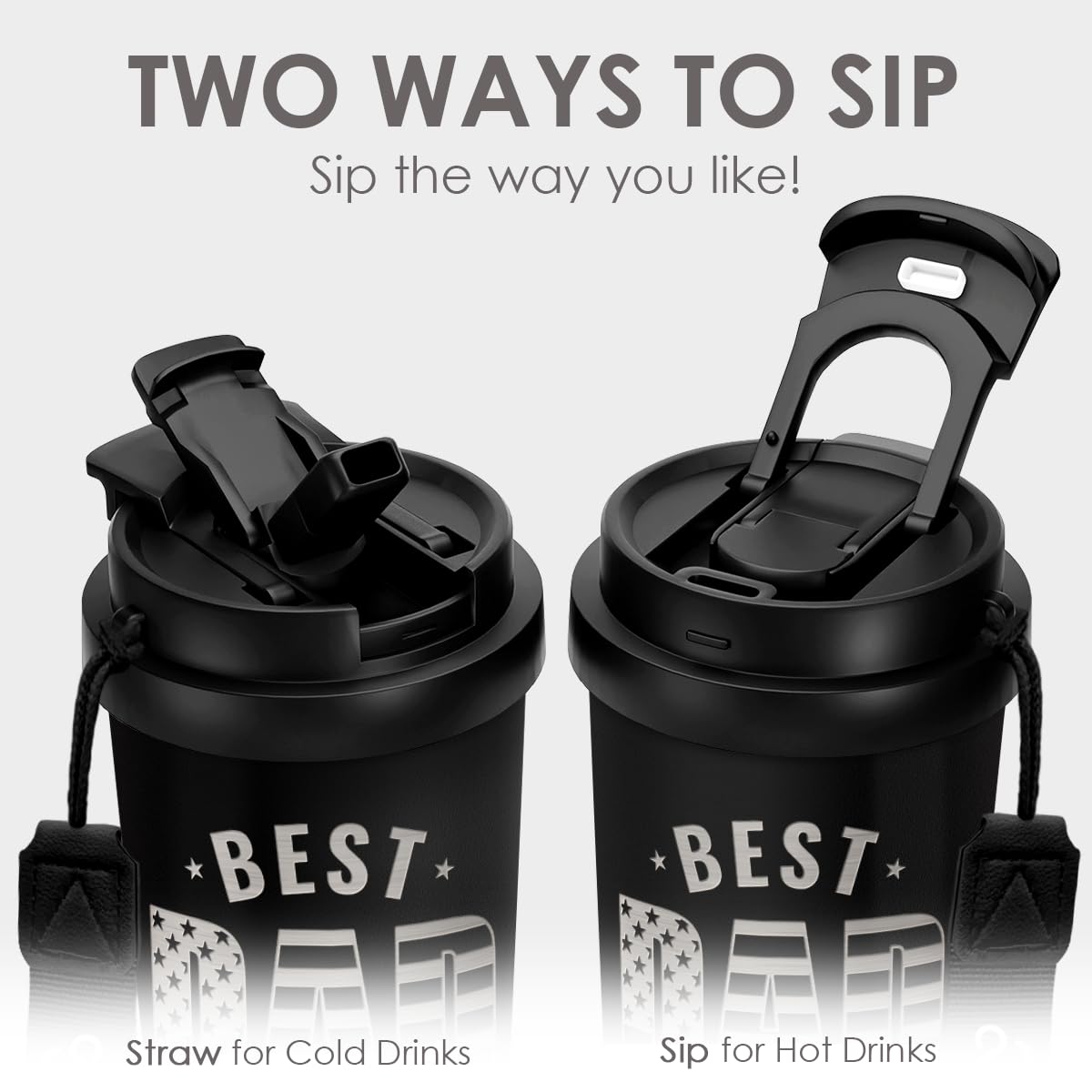 SANDJEST Dad Tumbler fits car cup holders for easy transport.