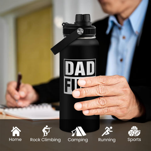 SANDJEST Dad Water Bottle 32oz back logo featuring brand design.