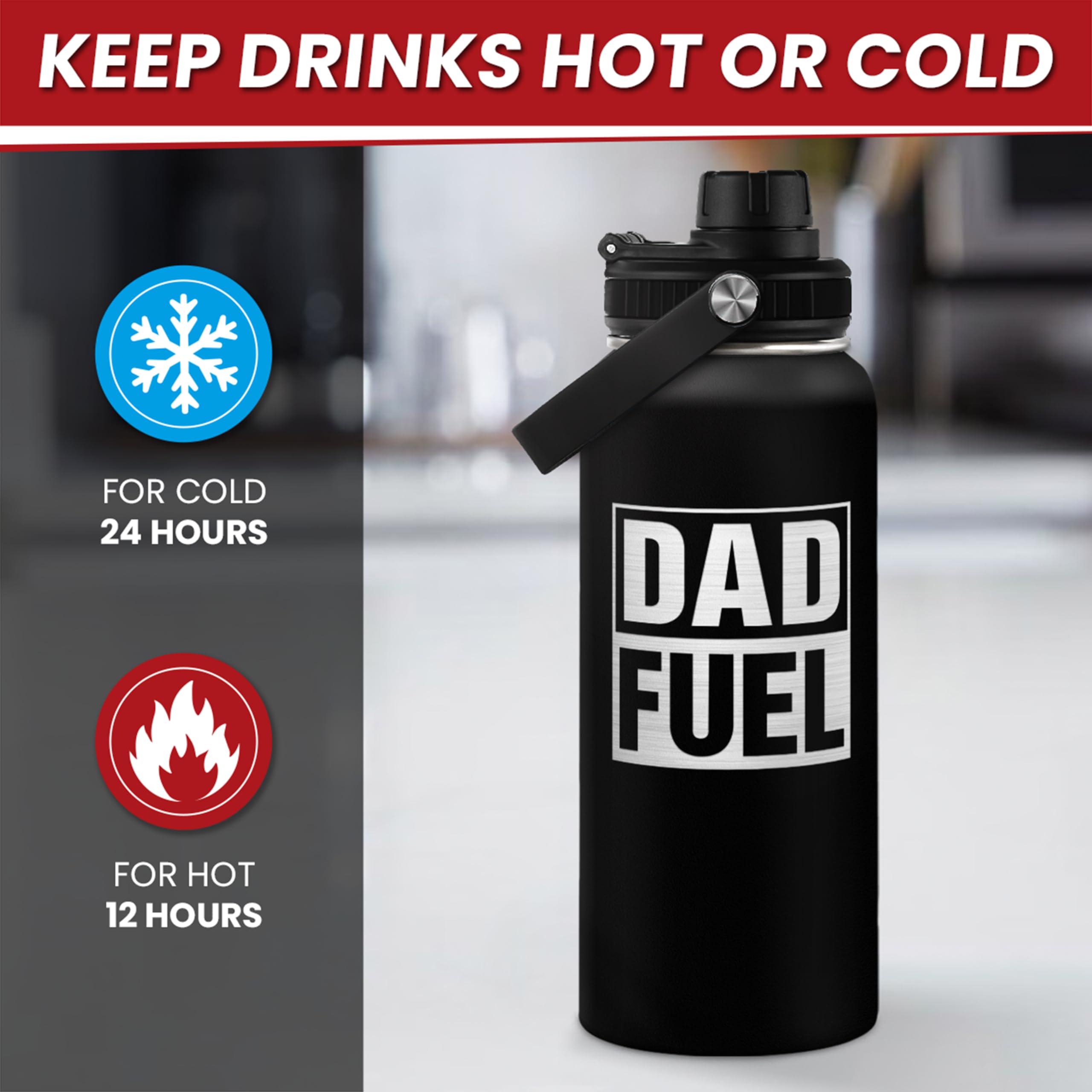 SANDJEST Dad Water Bottle 32oz side profile highlighting ergonomic grip.