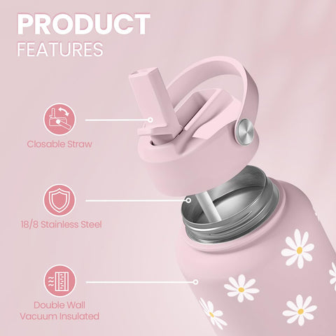 Close-up of SANDJEST Daisy stainless bottle showing durable steel.