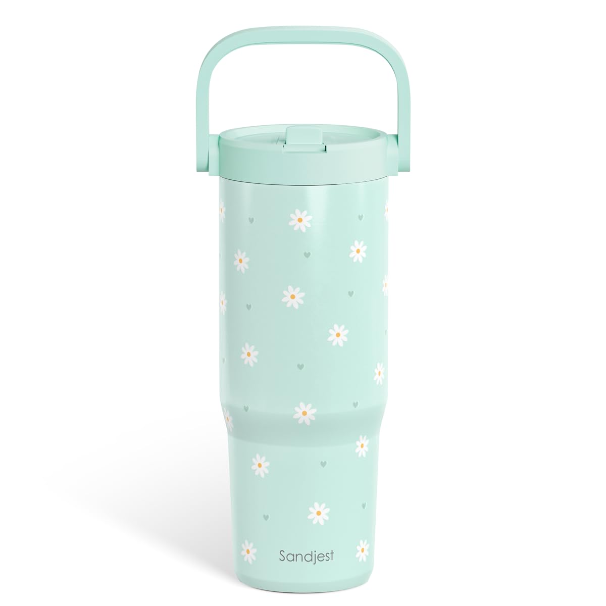 SANDJEST Daisy mint tumbler with straw lid for on-the-go hydration.