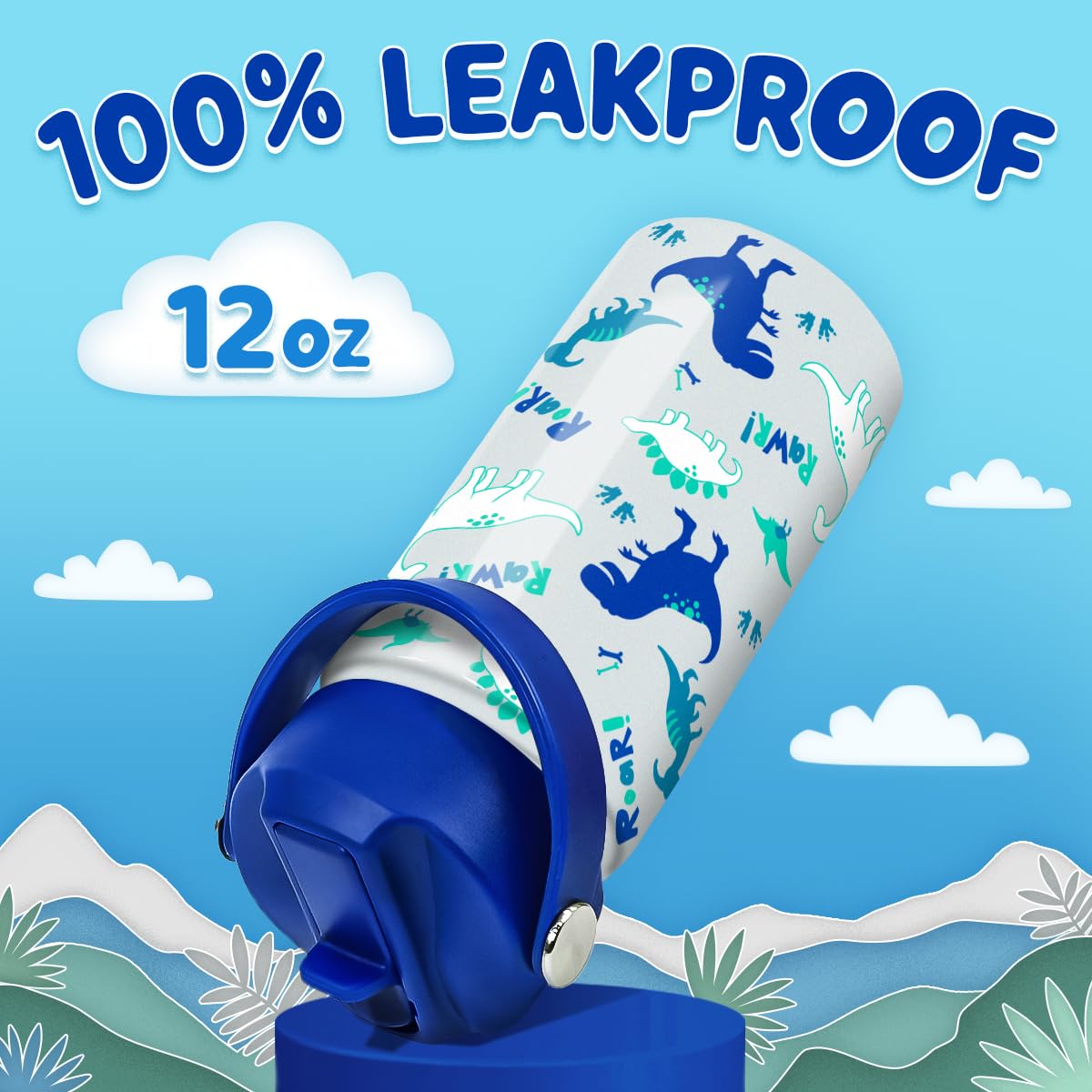 Vibrant dinosaur designs on bottle appeal to kids and teens.