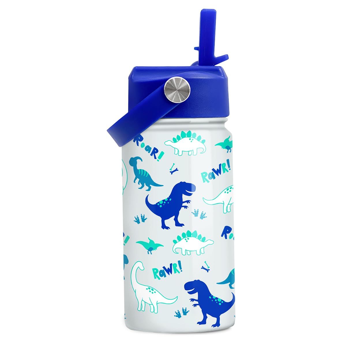 SANDJEST dinosaur 12 oz bottle front view with straw lid, ideal for school hydration.
