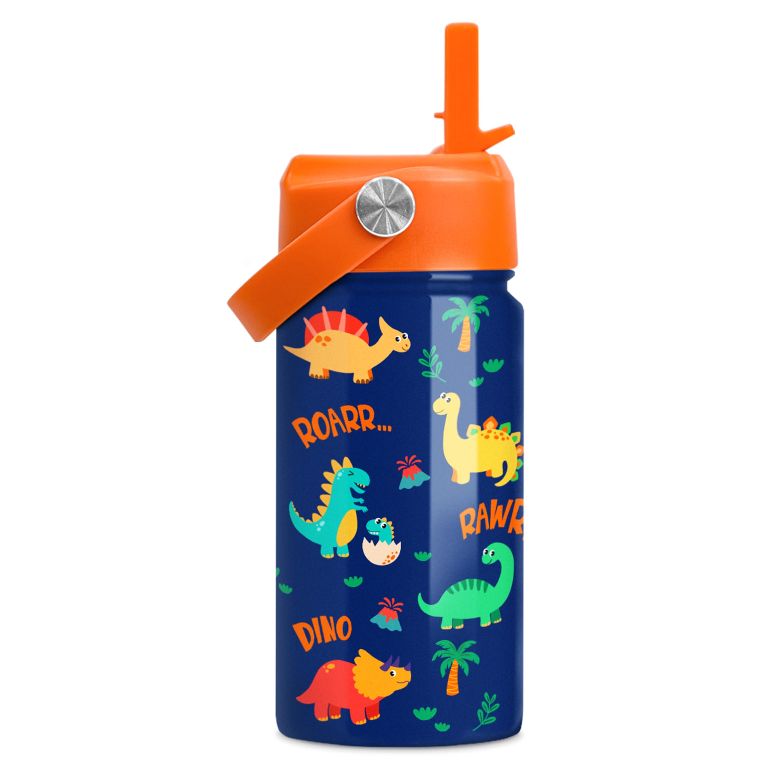Sandjest dinosaur bottle with straw lid for easy sipping during school and play.