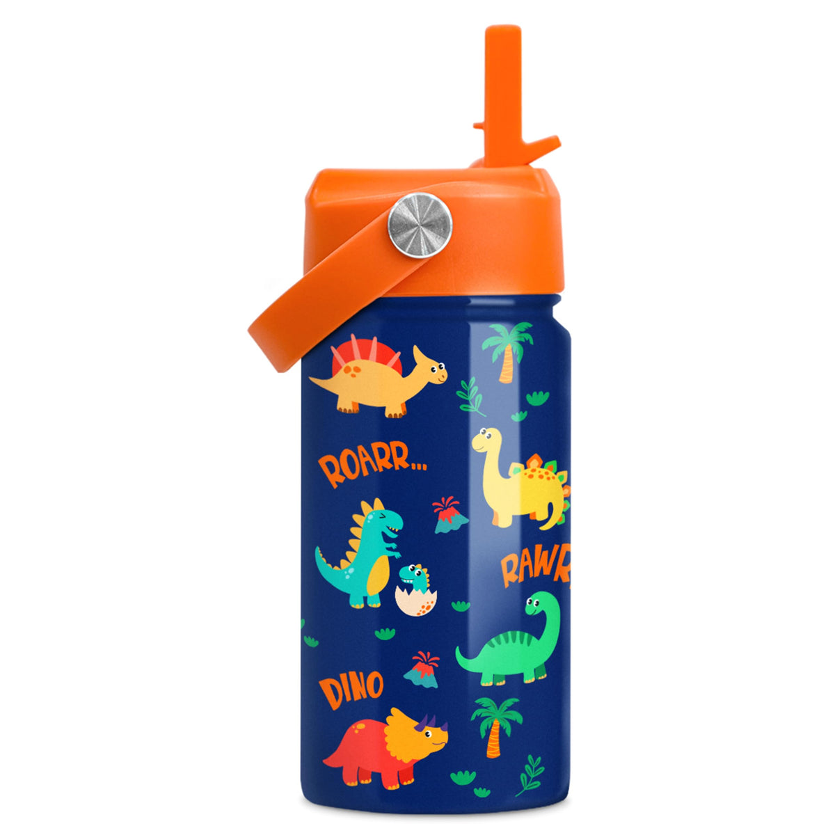 Sandjest dinosaur bottle with straw lid for easy sipping during school and play.