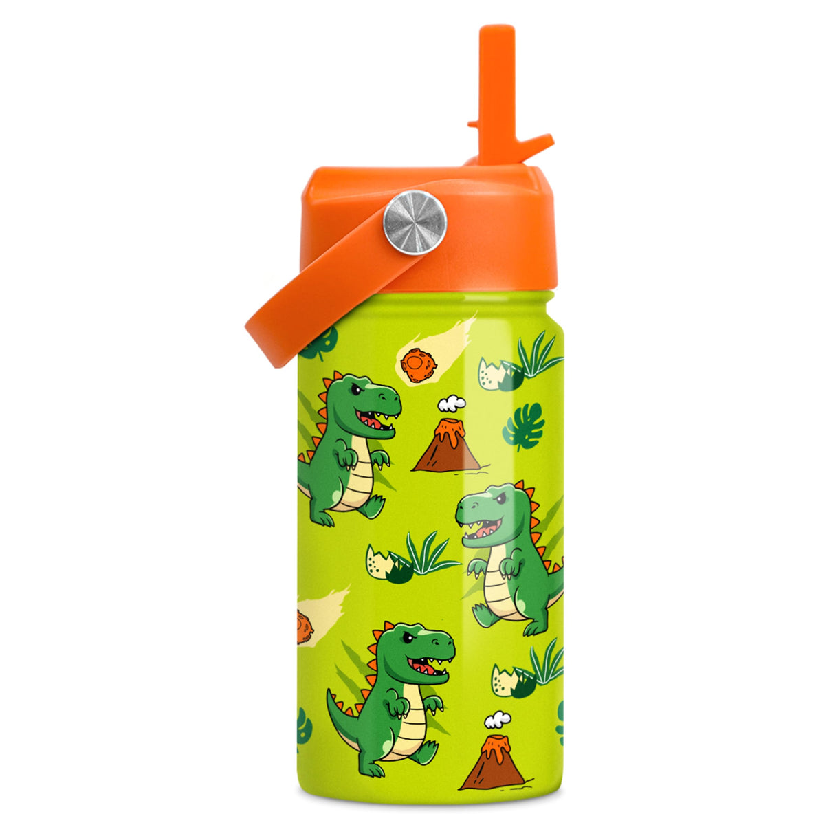 SANDJEST Dinosaur water bottle with straw lid, 12oz, ideal for kids on the go