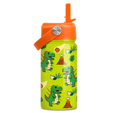 SANDJEST Dinosaur water bottle with straw lid, 12oz, ideal for kids on the go
