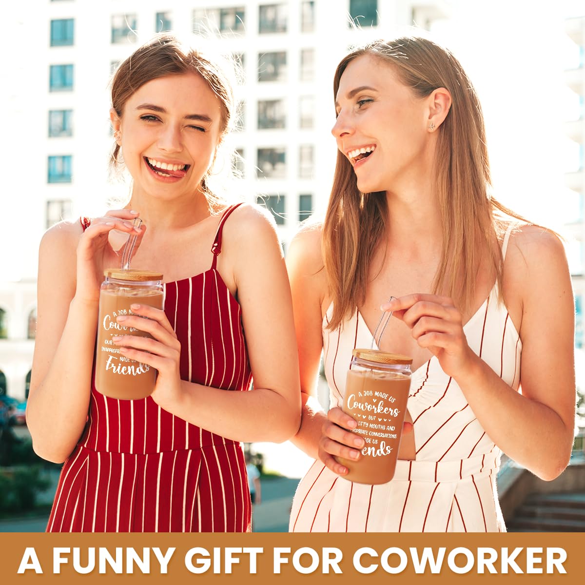 SANDJEST 16oz glass cup in hand, perfect for on-the-go coffee and iced drinks