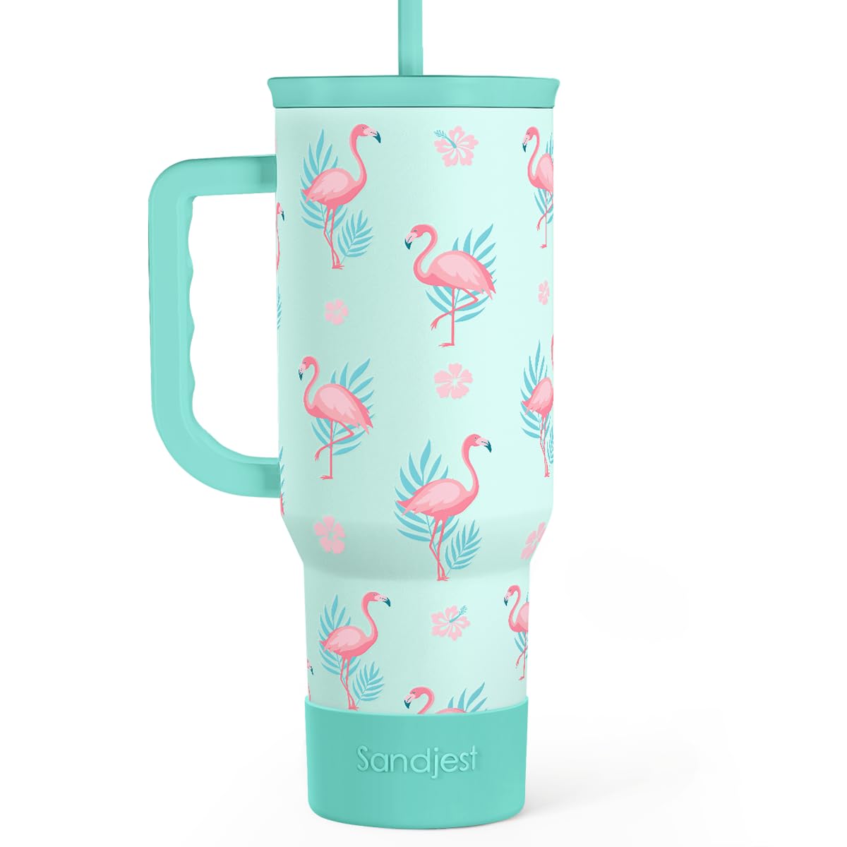 SANDJEST Flamingo Tumbler 40oz-handle enables easy, on-the-go hydration.
