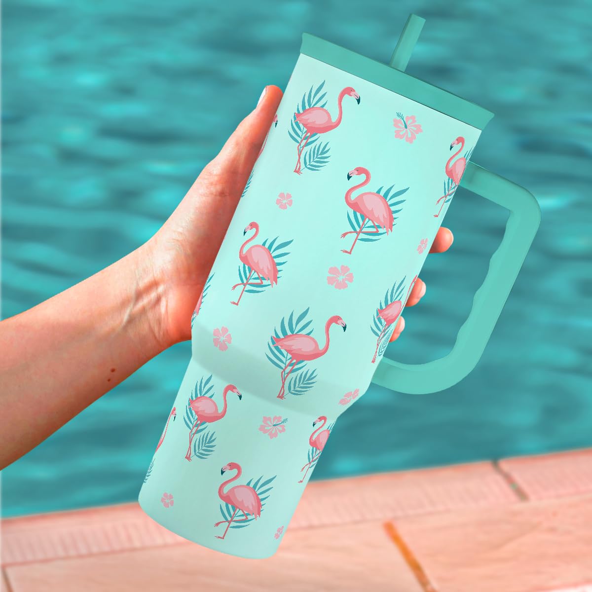 SANDJEST Flamingo Tumbler handwash-care notes promote finish preservation.