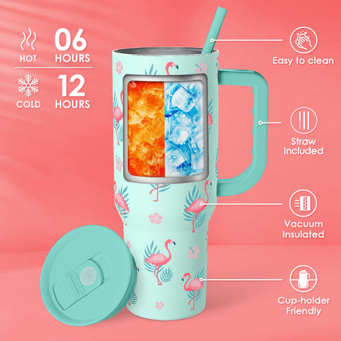 SANDJEST Flamingo Tumbler stainless-insulated maintains drink temperature for hours.