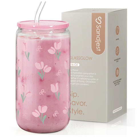 SANDJEST floral glass can with tulip-iced-coffee styling for stylish beverages.
