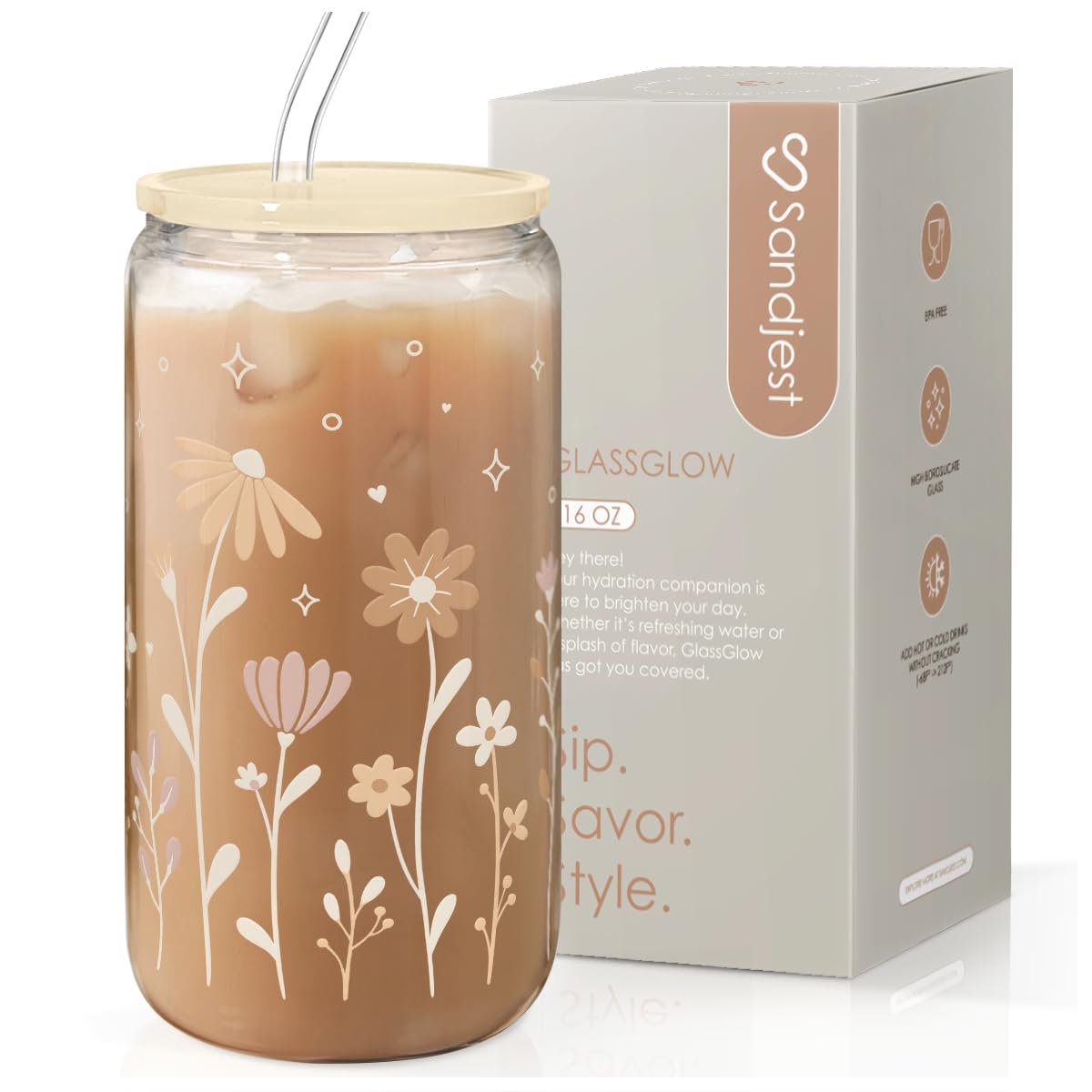 SANDJEST Flower Glass Can with lid and straw, ideal for iced coffee on the go.