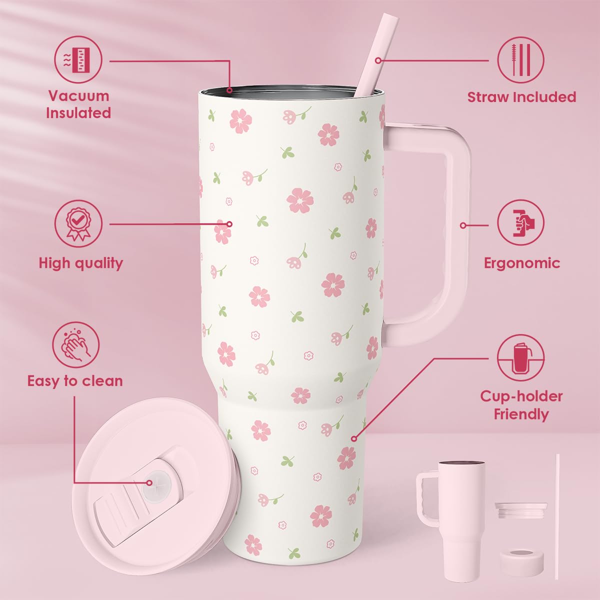 SANDJEST flowers pattern insulated tumbler keeps beverages cold or hot.