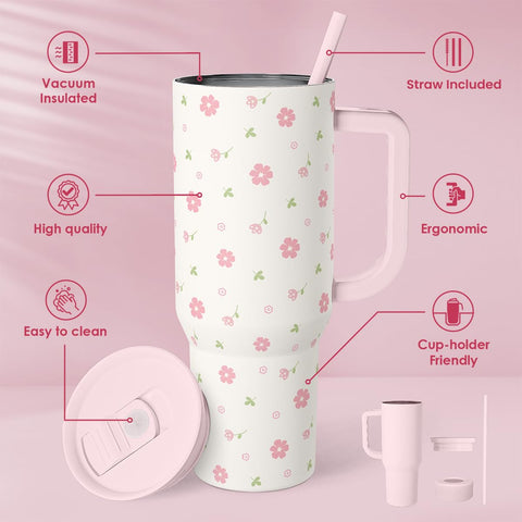 SANDJEST flowers pattern insulated tumbler keeps beverages cold or hot.