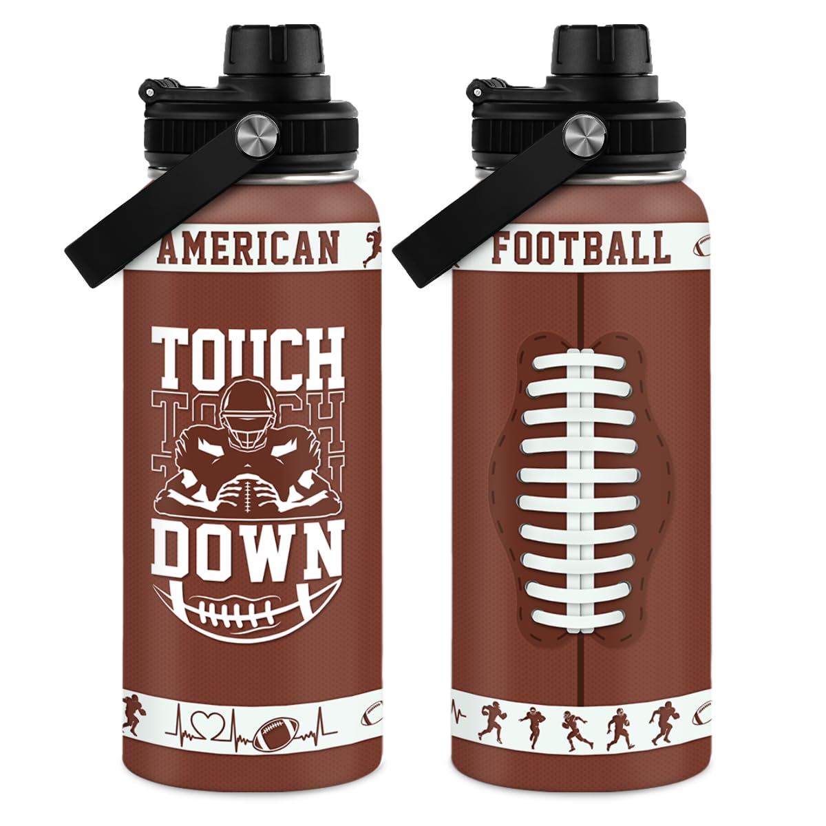 Sandjest football bottle with lid, 32oz capacity, ideal for long games and practices