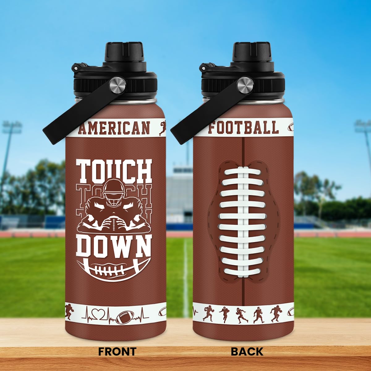 Sandjest football-design bottle in bold colors for fans