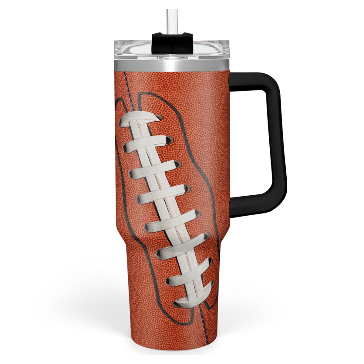 SANDJEST football tumbler handle closeup for on-the-go hydration.