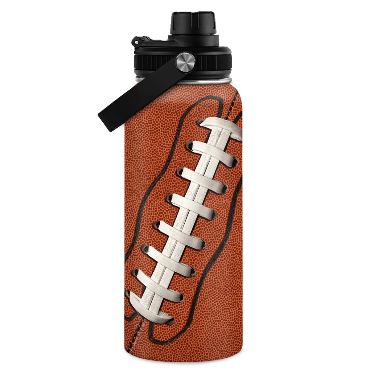 SANDJEST football water bottle 32oz front view with ergonomic grip for active play.