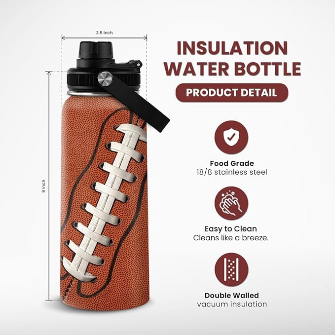 SANDJEST football water bottle 32oz side view showing sleek sports-ready profile.
