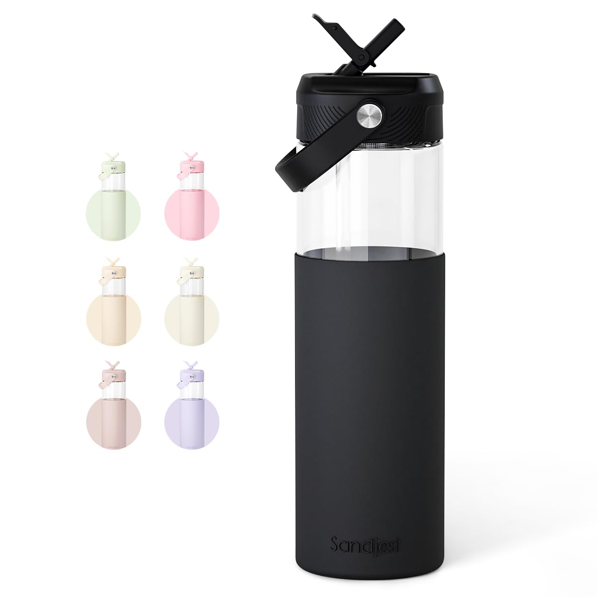 SANDJEST glass bottle with silicone sleeve in velvet black for durable daily hydration