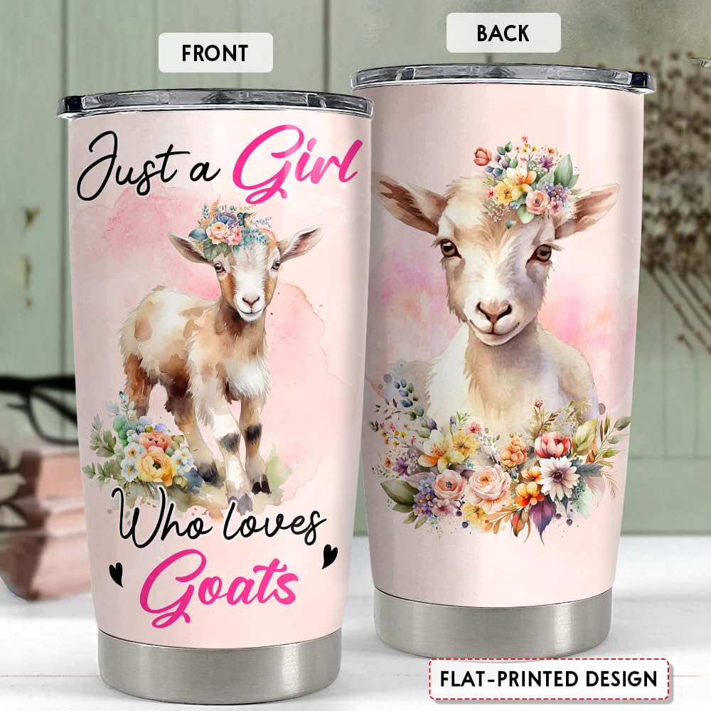 SANDJEST Goat Tumbler 20oz side view with lid emphasizes spill-free travel
