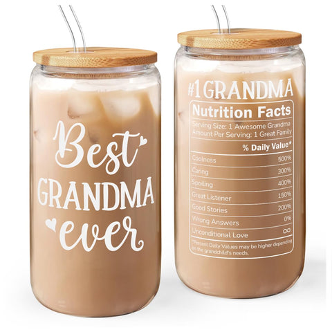 SANDJEST grandma 16oz glass tumbler with bamboo lid, ideal for iced drinks