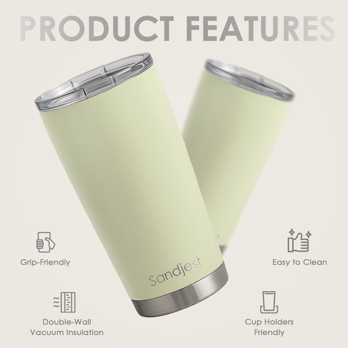 SANDJEST Green Tumbler lid closeup shows secure slide-lock for travel