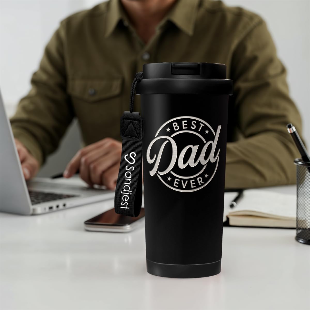 SANDJEST 18 oz capacity suitable for long commutes and sip-ready.