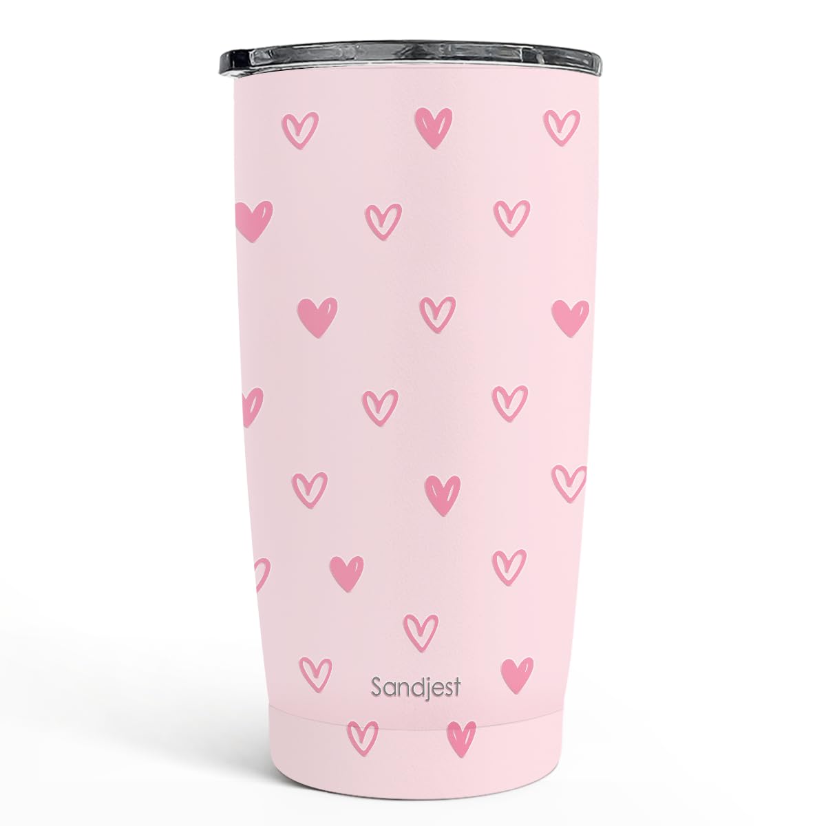 SANDJEST Heart Tumbler pink front view highlights stylish gift and compact travel-friendly design